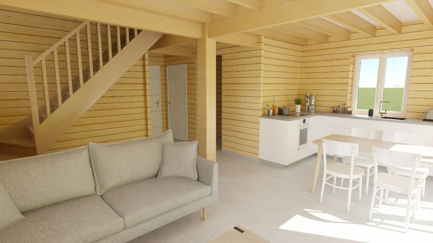 Vue 3D salon chalet en bois